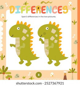 Dinosaur activities for kids. Spot 5 differences in two pictures. Cute Dino. Vector illustration. Page for Activity Book square format. Game to boost attention and focus.