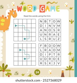 Dinosaur activities for kids. Word game. Read the words using the hint. Fillword for children. Vector illustration. Book square format. Game to boost reading skills.