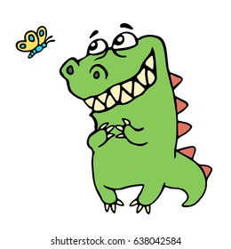 Dinosaur to admire the butterfly. Vector illustration. Cute cartoon character.