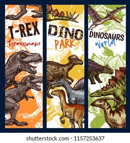 Dinosaur adventure park banner with jurassic animal. Dino monster sketch of tyrannosaurus rex, stegosaurus and pterodactyl, velociraptor, diplodocus and triceratops prehistoric predator flyer design