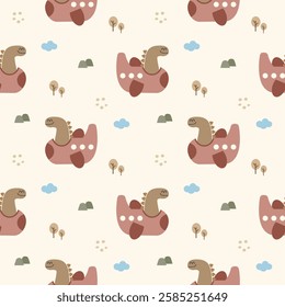 Dinosaur and airplane cartoon so cute. On tree cloud mountain background. Pattern seamless vector illustration. 