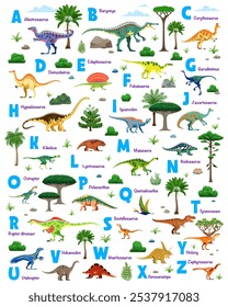 Alfabeto de dinosaurio con animales de dibujos animados de dinosaurios y letras cartel de tipografía de Vector. Lindo ABC conjunto con personajes de dinosaurios jurásicos y plantas prehistóricas. Divertido tiranosaurio rex, vulcanodon y raptor