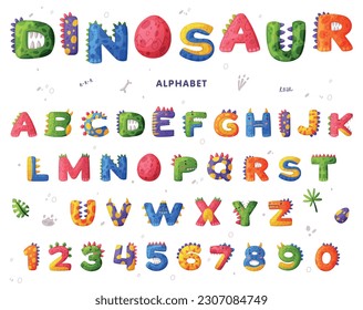 Letra y números coloridos del alfabeto dinosaurio. Fuente dino brillante. Abc para niños, guardería, diseño de fiesta de cumpleaños ilustración vectorial de dibujos animados