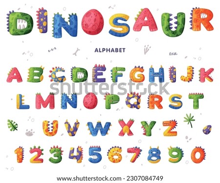 Dinosaur alphabet colorful letters and numbers. Bright dino font. Abc for kids, nursery, birthday party design cartoon vector illustration