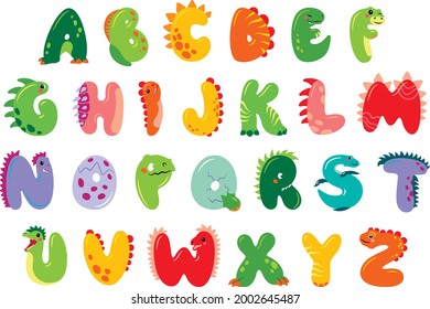 Dinosaur alphabet. Cute dino abc for kids, nursery, poster, card, birthday party, packaging paper design, baby t-shirts. Animal doodle font. Vector.