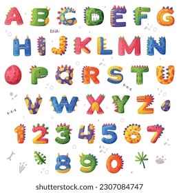 Dinosaur alphabet letters and numbers. Dino font. Abc for kids, nursery, birthday party design cartoon vector illustration