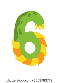 Dinosaur alphabet. Number 6 of English alphabet shaped as dino. Children colorful cartoon funny fictional character. Vector flat icon isolated on white background