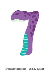 Dinosaur alphabet. Number 7 of English alphabet shaped as dino. Children colorful cartoon funny fictional character. Vector flat icon isolated on white background