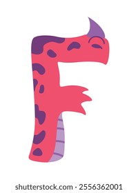 Dinosaur alphabet symbol. Letter F of English alphabet shaped as dino. Children colorful cartoon funny fictional character ABC. Vector flat icon isolated on white background