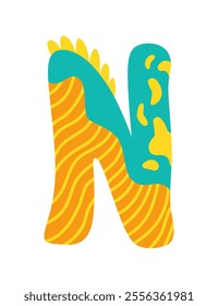 Dinosaur alphabet symbol. Letter N of English alphabet shaped as dino. Children colorful cartoon funny fictional character ABC. Vector flat icon isolated on white background