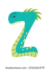 Dinosaur alphabet symbol. Letter Z of English alphabet shaped as dino. Children colorful cartoon funny fictional character ABC. Vector flat icon isolated on white background