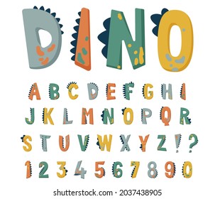 El vector del alfabeto de dinosaurio se establece con letras dibujadas a mano y números en colores brillantes con efectos de dino de textura. Diseño de tipografía cómica de niños divertidos al estilo de dibujos animados planos.