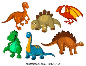 Dinosaur animal cartoon icon set. Funny dino prehistoric reptiles and predators. Jurassic monster, brontosaurus, raptor, tyrannosaurus, stegosaurus, pterodactyl, velociraptor, apatosaurus