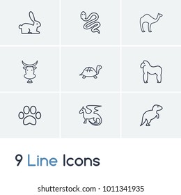 Dinosaur and animal icon line set with camel, cow and snake. Dino related animal icon vector items for web UI logo design.