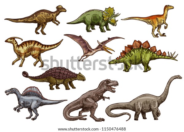 先史時代の爬虫類の恐竜のアイコン トリケラトプス ティラノサウルス ステゴサウルス ブロントサウルス スピノサウルス ヴェロキラプトル プテラノドン アンキロサウルスのディノのスケッチ のベクター画像素材 ロイヤリティフリー