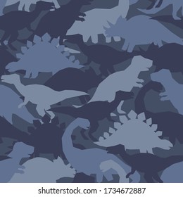 Dinosaur army print. Camouflage seamless pattern with dino in blue colors. Perfect fashion texture fo childish fabrics and wallpapers.