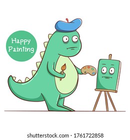 dinosaur artist with funny expression and holding a brush and palette