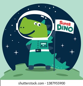 Dinosaur astronaut with flag on the moon