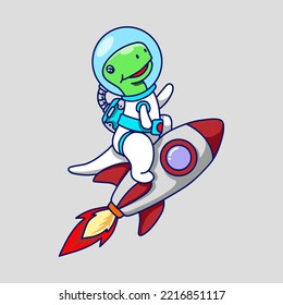 Dinosaur astronaut flying to the space riding red rocket