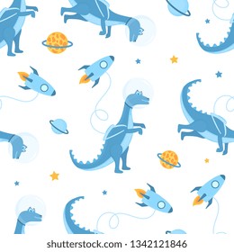 Dinosaur astronaut in space is a cartoon character. Rocket. Seamless pattern for nursery, textile, kids apparel.