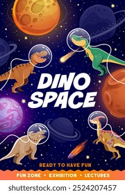 Dinosaurier-Astronauten auf Dino-Partyflieger im Weltraum. Vektor-Einladungs-Poster zur festlichen Veranstaltung mit Ausstellung, Spaßzone und Vorträgen. Lebendige und verspielte Einladungskarte mit Cartoon-Dinosauriern in Kosmonauten-Helmen