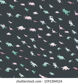 Dinosaur astronauts seamless pattern on black. Cute wild galaxy monster endless design. Joyous reptile space decor for textile, paper, web, wallpaper. Vector illustration in flat cartoon style.