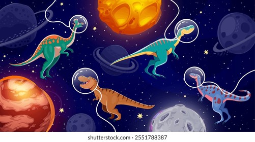 Dinosaurier-Astronauten auf Vektorhintergrund mit Cartoon prähistorische Dino-Tiere Zeichen, Universum Galaxie Planeten und Sterne. Lustiger Tyrannosaurus, Lambeosaurus, Alectrosaurus in Raumhelmen