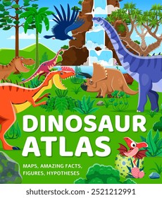 Capa de livro de atlas de dinossauros com personagens dino pré-históricos da era Jurássica, fundo vetorial. Dinossauros e lagartos pré-históricos capa de livro para crianças com T-rex tiranossauro engraçado e triceraptors