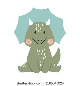 Dinosaur baby boy cute print. Sweet dino. Cool triceratops illustration for nursery t-shirt, kids apparel, invitation, simple scandinavian child design. Little one