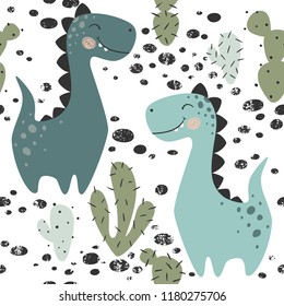 Dinosaur baby boy seamless pattern. Sweet dino with cactus. Scandinavian cute print. Cool brachiosaurus, illustration fo nursery t-shirt, kids apparel, invitation cover, simple child background design