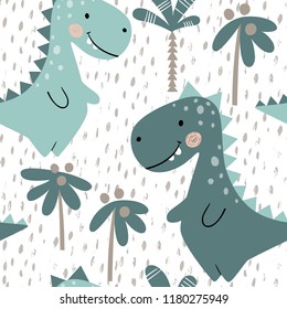 Dinosaur baby boy seamless pattern. Sweet dino with palm. Scandinavian cute print. Cool t-rex illustration for nursery t-shirt, kids apparel, invitation cover, simple child background design