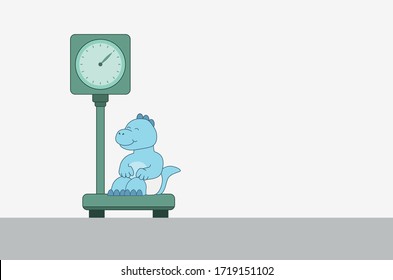 Dinosaur Baby Boy Sitting on a Weight Scale. Vector Illustration for Children's Book.