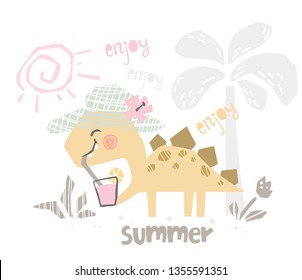 Dinosaur baby with coctail cute print. Sweet dino dreank juice on beach. Enjoy summer slogan. Cool illustration for nursery t-shirt, kids apparel, baby shower party invitation. Simple child design