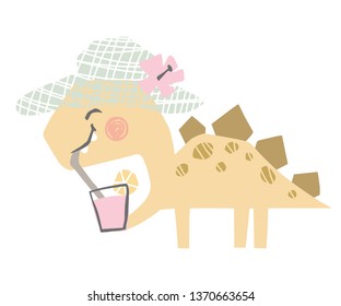 Dinosaur baby with coctail cute print. Sweet dino dreank juice. Summer holiday. Cool illustration for nursery t-shirt, kids apparel, baby shower party invitation. Simple child design