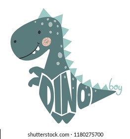 Dinosaur baby cute print. Dino boy slogan and lettering. Cool tyrannosaurus illustration for nursery t-shirt, kids apparel, invitation. Simple scandinavian t-rex child design.