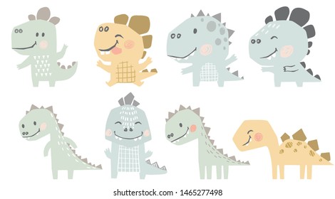 Dinosaur baby cute print set. Sweet dino summer holiday. Cool illustration for nursery, playroom, t-shirt, kids apparel, baby party invitation, birthday card, newborn pajamas. Simple child design