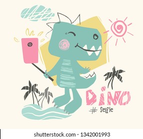 Dinosaur baby cute print. Sweet dino makes a selfie. Text slogan. Summer holiday. Cool illustration for nursery t-shirt, kids apparel, party and baby shower invitation. Simple child design.