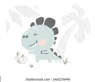 Dinosaur baby cute print. Sweet dino on beach. Summer holiday. Cool illustration for nursery, playroom, t-shirt, kids apparel, baby party invitation, birthday card, newborn pajamas Simple child design