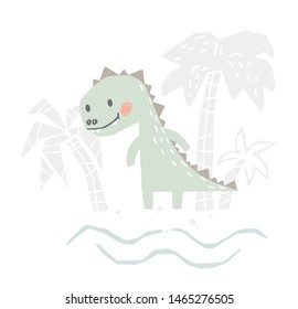 Dinosaur baby cute print. Sweet dino on beach. Summer holiday. Cool illustration for nursery, playroom, t-shirt, kids apparel, baby party invitation, birthday card, newborn pajamas Simple child design
