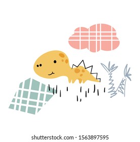 Dinosaur baby cute print. Sweet dino boy with palm tree. Beach landscape. Cool summer illustration for nursery, t-shirt, kids apparel, invitation birthday card. Simple scandinavian child design