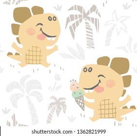Dinosaur baby cute seamless pattern. Sweet dino makes eat ice cream on beach print. Summer cool illustration for nursery t-shirt, kids apparel, party and baby shower invitation. Simple child design
