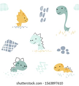 Dinosaur baby cute seamless pattern. Sweet dino boy with abstract shapes. Cool summer print for nursery, t-shirt, kids apparel, birthday invitation, pajamas. Simple scandinavian child design