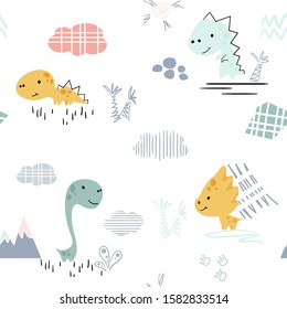 Dinosaur baby cute seamless pattern. Sweet dino boy with palm tree. Beach cool summer print for nursery, t-shirt, kids apparel, birthday invitation, pajamas. Simple scandinavian child design