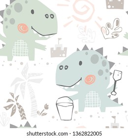 Dinosaur baby cute with spatula seamless pattern. Sweet dino builds sand castle on beach print. Summer cool illustration for nursery t-shirt, kids apparel, baby shower invitation. Simple child design
