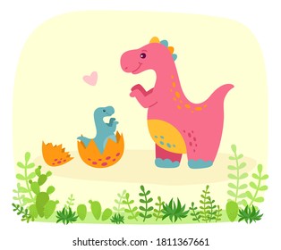 Dinosaur with baby dino, cartoon style. Funny Tyrannosaurus rex with plants and cactus. Colorful cute funny kids illustration. Vector isolated on white background