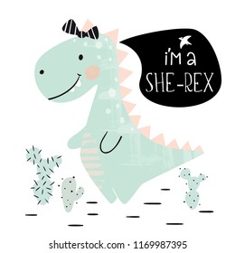 Dinosaur baby girl cute print. Sweet dino princess with bow. Cool tyrannosaurus illustration for nursery t-shirt, kids apparel, invitation, simple scandinavian child design. I'm she-rex slogan