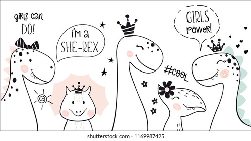 Dinosaur baby girl cute print. Girl power text and can do slogan. Little feminist dino poster. Cool simple scandinavian child t-shirt or banner design. Princess with crown. She rex.