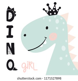 Dinosaur baby girl cute print. Sweet princess with bow. Dino girl slogan. Cool tyrannosaurus illustration for nursery t-shirt, kids apparel, invitation, simple scandinavian child design.