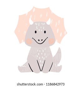 Dinosaur baby girl cute print. Sweet dino. Cool triceratops illustration for nursery t-shirt, kids apparel, invitation, simple scandinavian child design. Little one