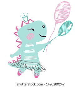 La bebé de dinosaurios tierno. Dino dulce con globo, ballet tutu, zapatillas de punta. Excelente ilustración animal para pantalones infantil, ropa infantil, tarjeta de cumpleaños, invitación. Diseño sencillo para niños